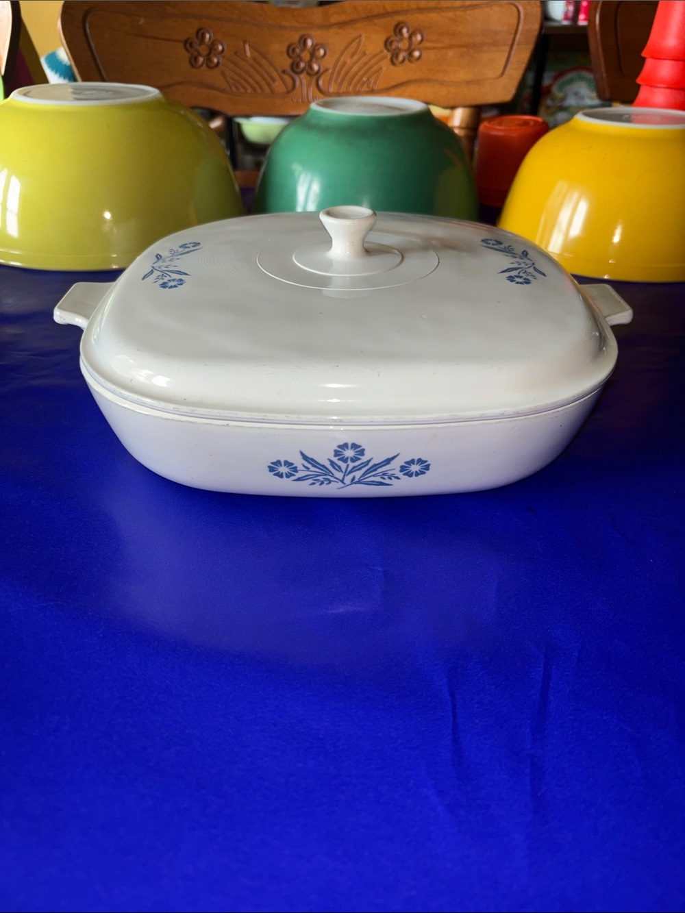 Corningware White Covered Casserole with Blue Floral Pattern